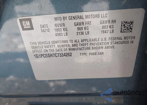 2012 Chevrolet Cruze Ls из США, поврежденный, VIN 1G1PC5SH7C7334262